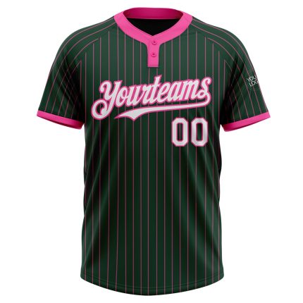 Custom Name and Number Unisex Softball Jersey - Personalized Two-Button Green Pink Pinstripe Design Personalized Green Pink
