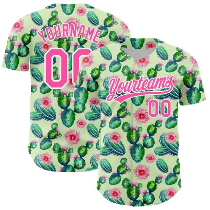 Personalized Baseball Jersey with Green Pink White 3D Cactus Festival Design Personalized Green Pink-White 3D Pattern Design