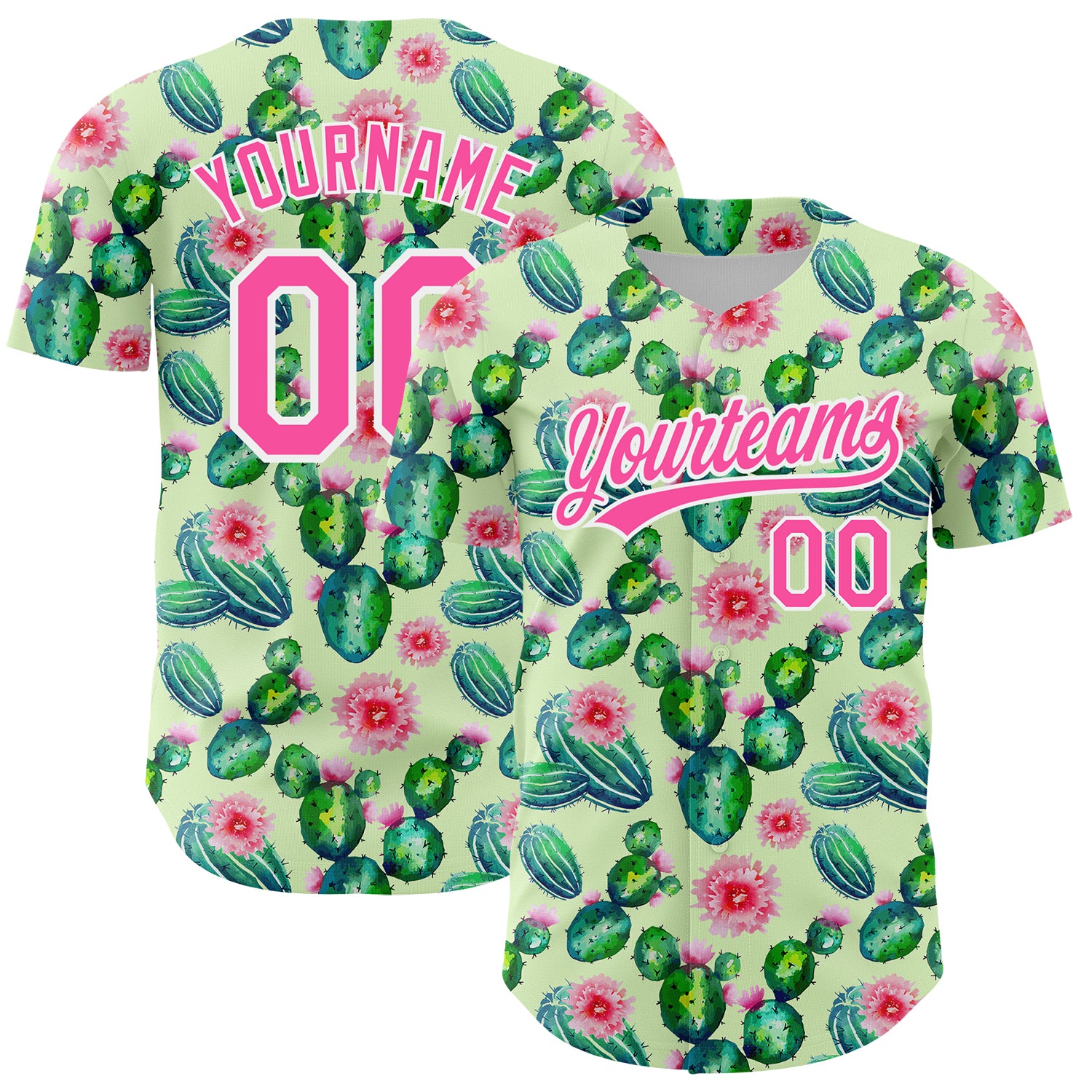 Personalized Baseball Jersey with Green Pink White 3D Cactus Festival Design Personalized Green Pink-White 3D Pattern Design
