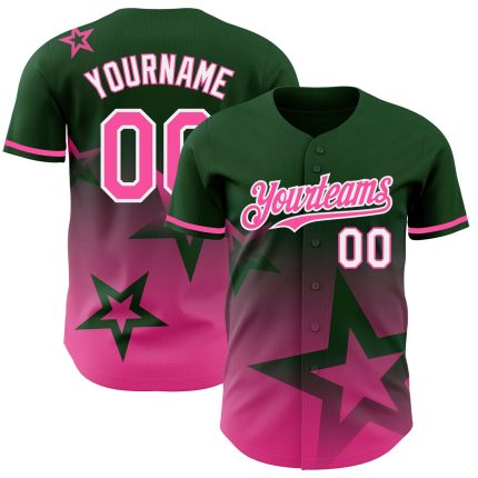 Custom Name and Number Authentic Baseball Jersey with Personalized 3D Gradient Twinkle Star Design in Green Pink White Personalized