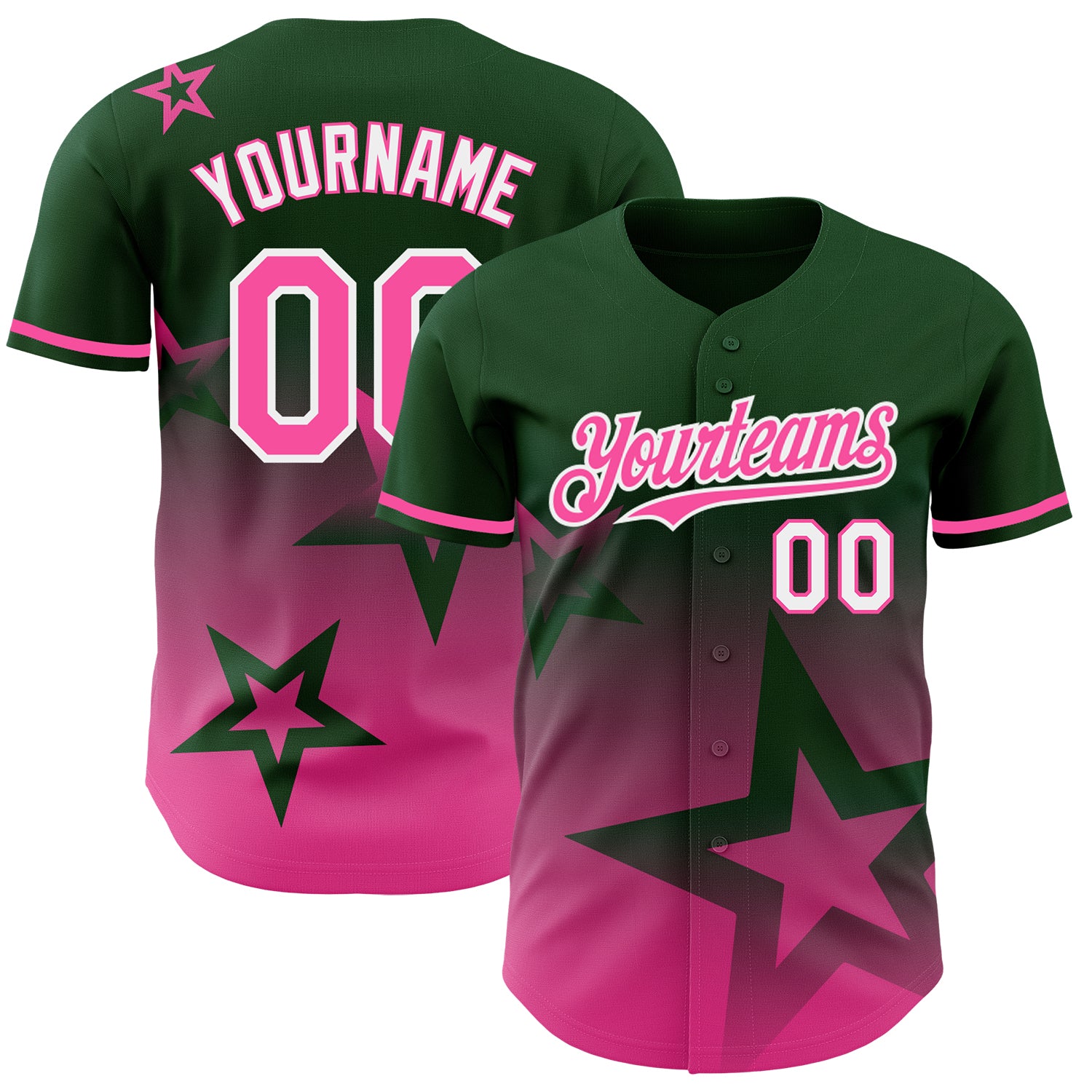 Custom Name and Number Authentic Baseball Jersey with Personalized 3D Gradient Twinkle Star Design in Green Pink White Personalized