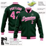 Custom Personalized Varsity Jacket Bomber in Green Pink White with Team Name and Number - Full-Snap Letterman Style Personalized
