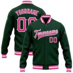 Custom Personalized Varsity Jacket Bomber in Green Pink White with Team Name and Number - Full-Snap Letterman Style Personalized