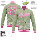 Personalized 3D Flower Crane Bomber Jacket Custom Team Name & Number - Green Pink White Varsity Letterman Full-Snap Personalized