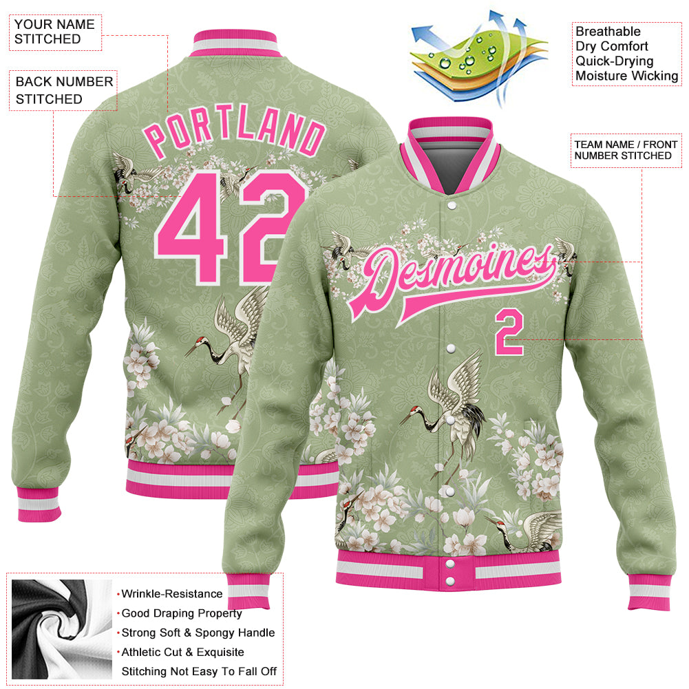 Personalized Green Pink-White Flower And Crane 3D Pattern Design Bomber Full-Snap Varsity Letterman Jacket Team Custom Name and Number Personalized 3D Flower Crane Bomber Jacket Custom Team Name & Number - Green Pink White Varsity Letterman Full-Snap Personalized - Image 3