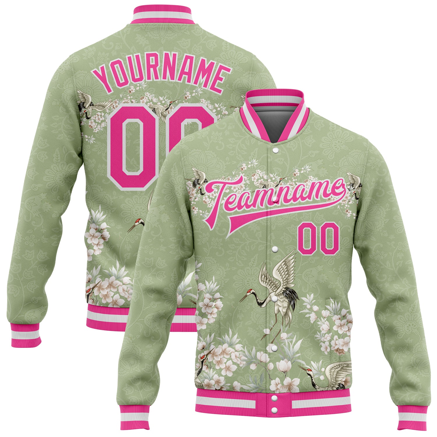 Personalized 3D Flower Crane Bomber Jacket Custom Team Name & Number - Green Pink White Varsity Letterman Full-Snap Personalized