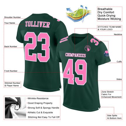Custom Authentic Football Jersey with Personalized Name and Number - Green Pink White Mesh Personalized Green Pink-White