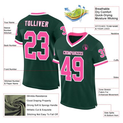 Custom Personalized Football Jersey - Authentic Green Pink White Mesh, Team Name & Number Personalized Green Pink-White Mesh