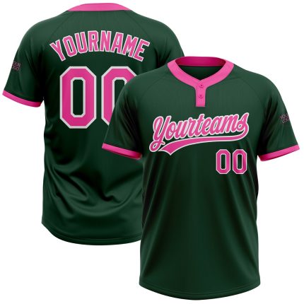 Custom Name and Number Unisex Softball Jersey - Personalized Green Pink White Two-Button Design Personalized Green Pink-White