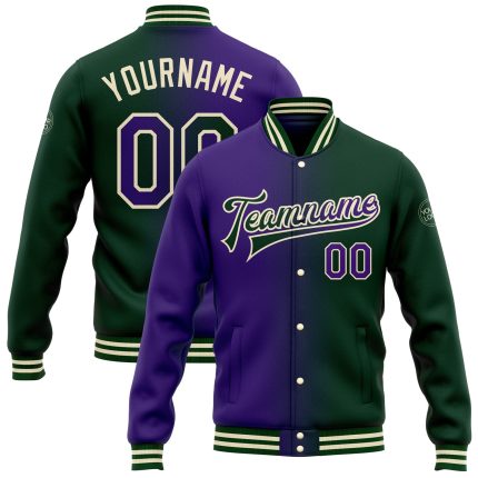 Custom Gradient Bomber Jacket with Name & Number - Personalized Green Purple-Cream Varsity Letterman Fashion Jacket Personalized