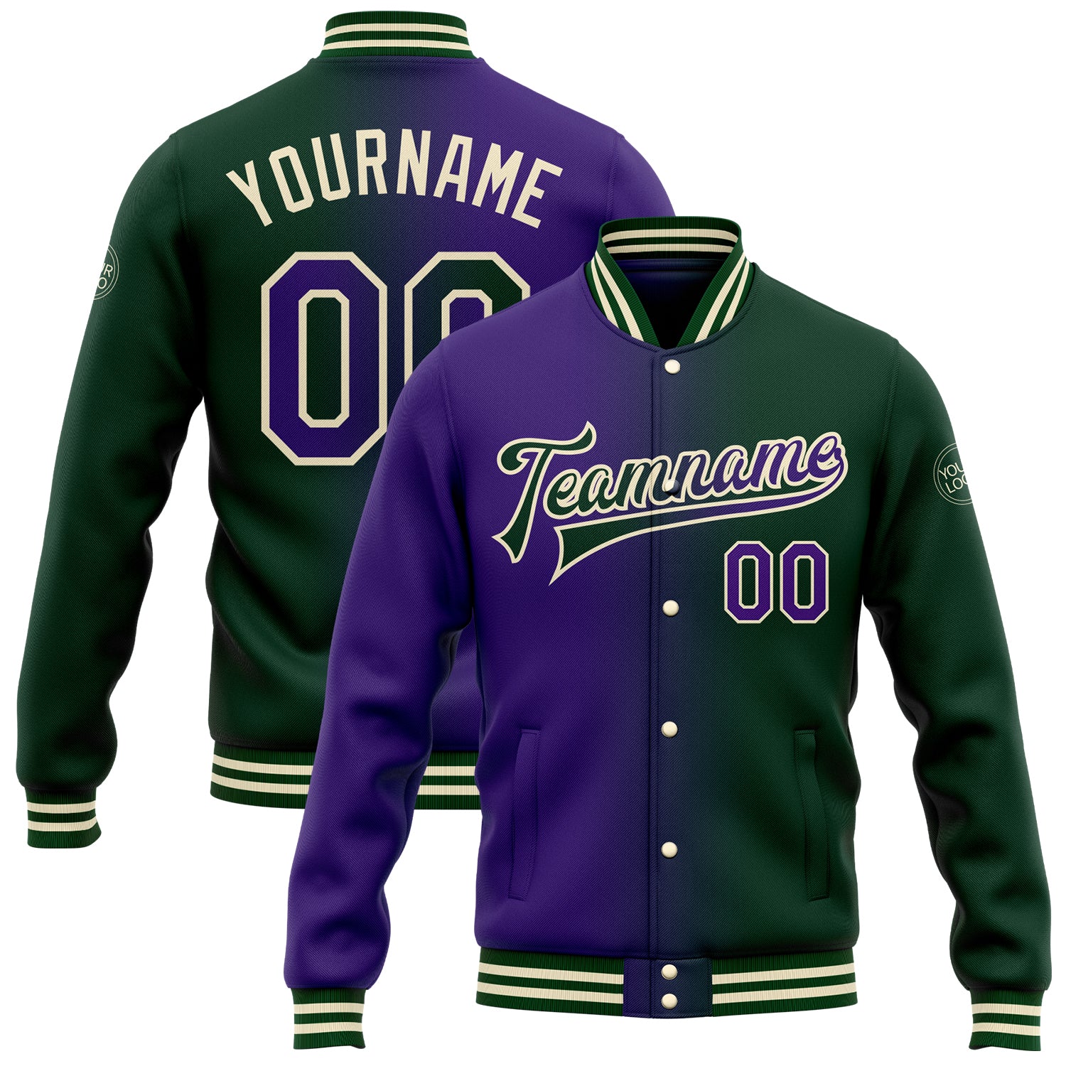 Custom Gradient Bomber Jacket with Name & Number - Personalized Green Purple-Cream Varsity Letterman Fashion Jacket Personalized