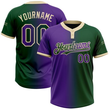 Custom Name and Number Unisex Two-Button Softball Jersey - Personalized Green Purple-Cream Gradient Fashion Personalized