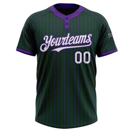 Custom Team Name and Number Softball Jersey - Personalized Two-Button Unisex Green Purple Pinstripe Personalized Green Purple