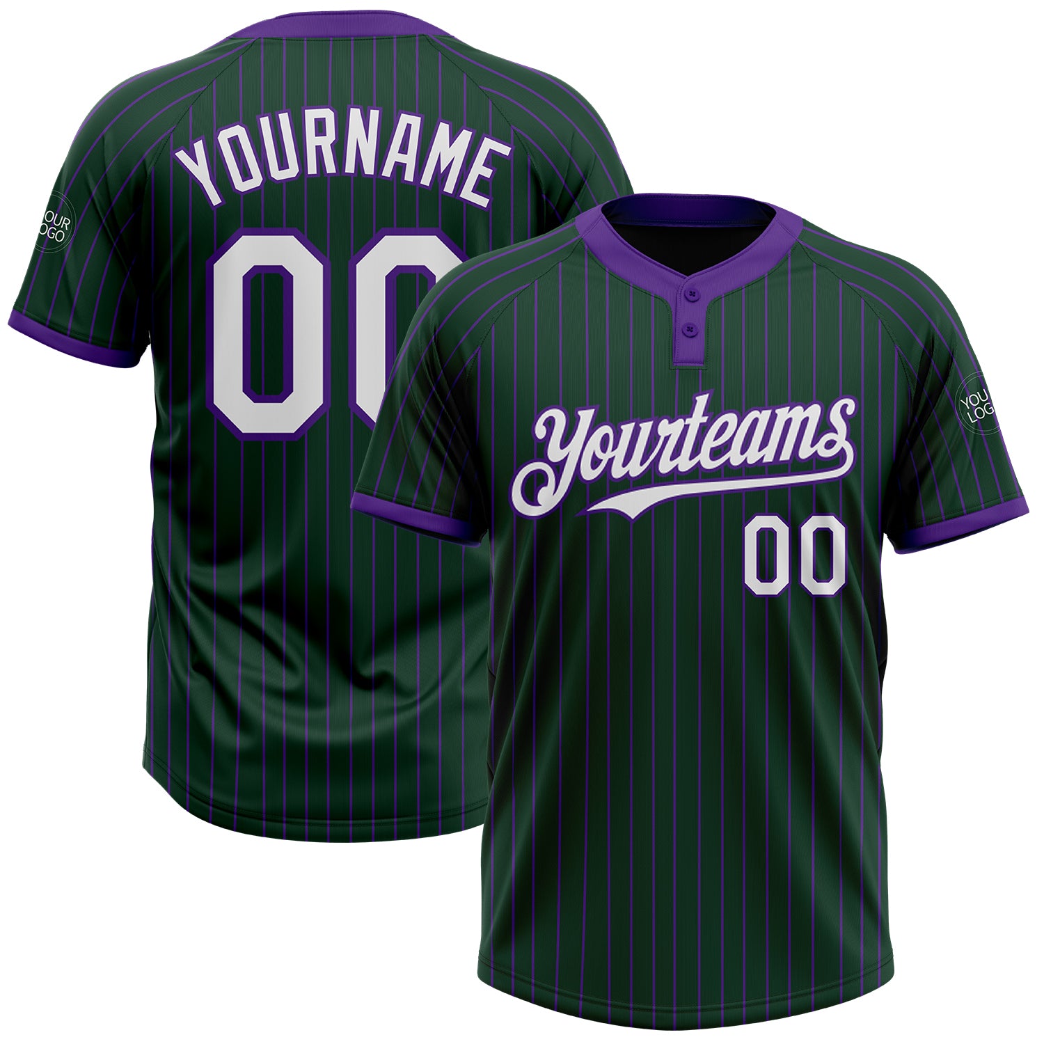 Custom Team Name and Number Softball Jersey - Personalized Two-Button Unisex Green Purple Pinstripe Personalized Green Purple