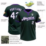 Custom Team Name and Number Softball Jersey - Personalized Two-Button Unisex Green Purple Pinstripe Personalized Green Purple