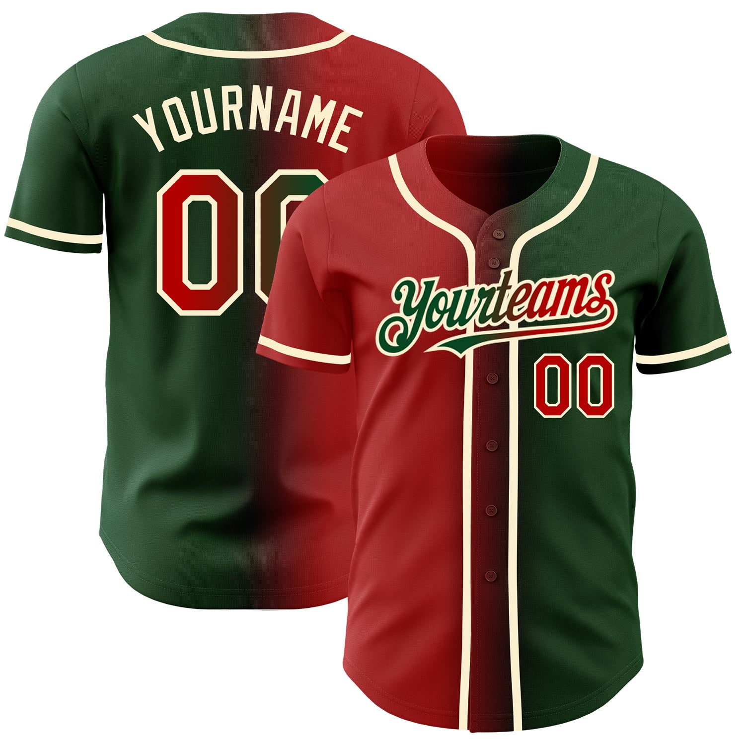 Personalized Gradient Baseball Jersey in Green Red-Cream | Authentic Fashion Apparel Personalized Green Red-Cream Authentic