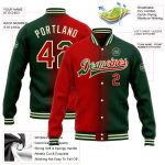 Custom Team Name Number Bomber Jacket Green Red Cream Full-Snap Varsity Gradient Fashion Jacket Personalized Green Red-Cream
