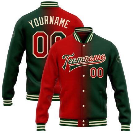 Custom Team Name Number Bomber Jacket Green Red Cream Full-Snap Varsity Gradient Fashion Jacket Personalized Green Red-Cream