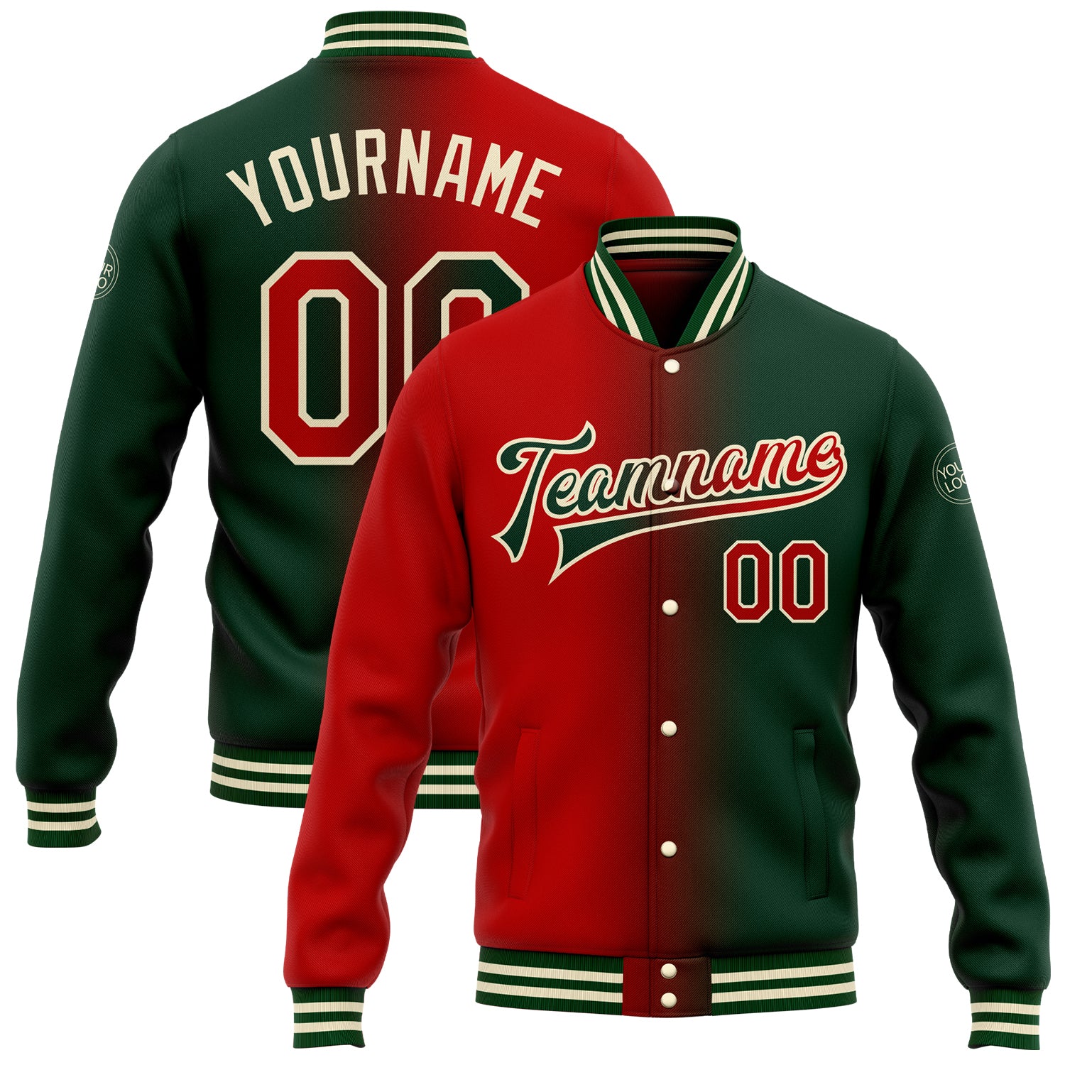 Custom Team Name Number Bomber Jacket Green Red Cream Full-Snap Varsity Gradient Fashion Jacket Personalized Green Red-Cream