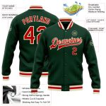 Custom Varsity Letterman Jacket with Name and Number - Personalized Green Red Cream Bomber Full-Snap Style Personalized Green