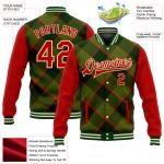 Personalized 3D Checkered Bomber Jacket in Green Red Cream - Full-Snap Varsity Letterman Style Personalized Green Red-Cream