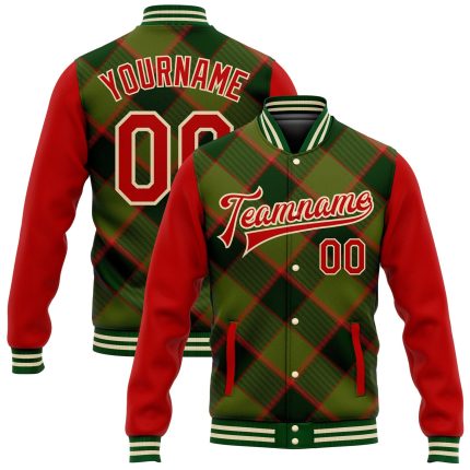 Personalized 3D Checkered Bomber Jacket in Green Red Cream - Full-Snap Varsity Letterman Style Personalized Green Red-Cream