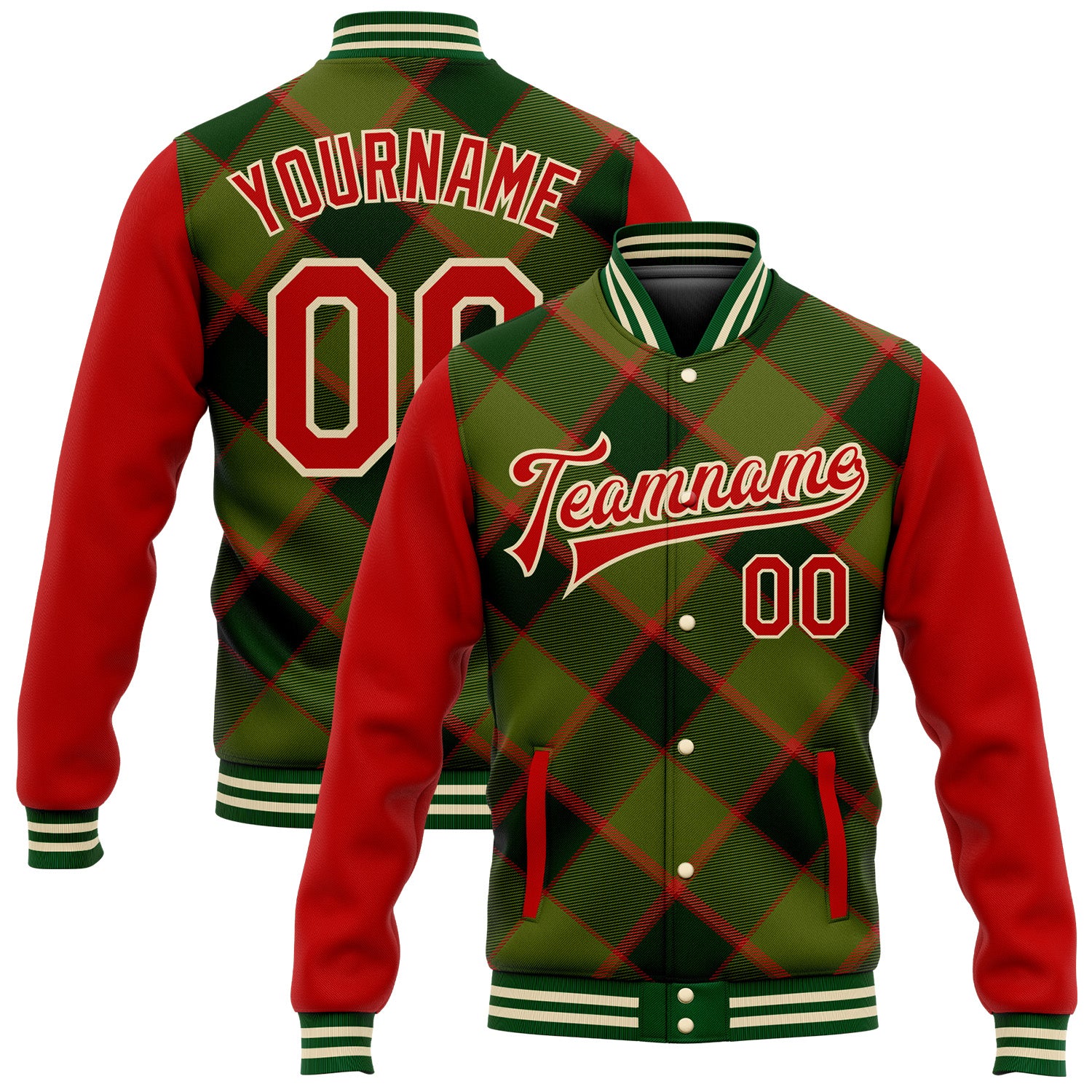 Personalized 3D Checkered Bomber Jacket in Green Red Cream - Full-Snap Varsity Letterman Style Personalized Green Red-Cream