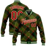 Custom Bomber Jacket with Personalized Name & Number - 3D Green Red-Cream Check Varsity Full-Snap Letterman Design Personalized