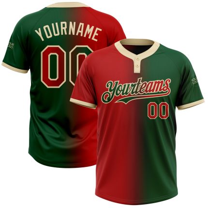 Custom Two-Button Unisex Softball Jersey with Personalized Name and Number - Green Red-Cream Gradient Fashion Design Personalized
