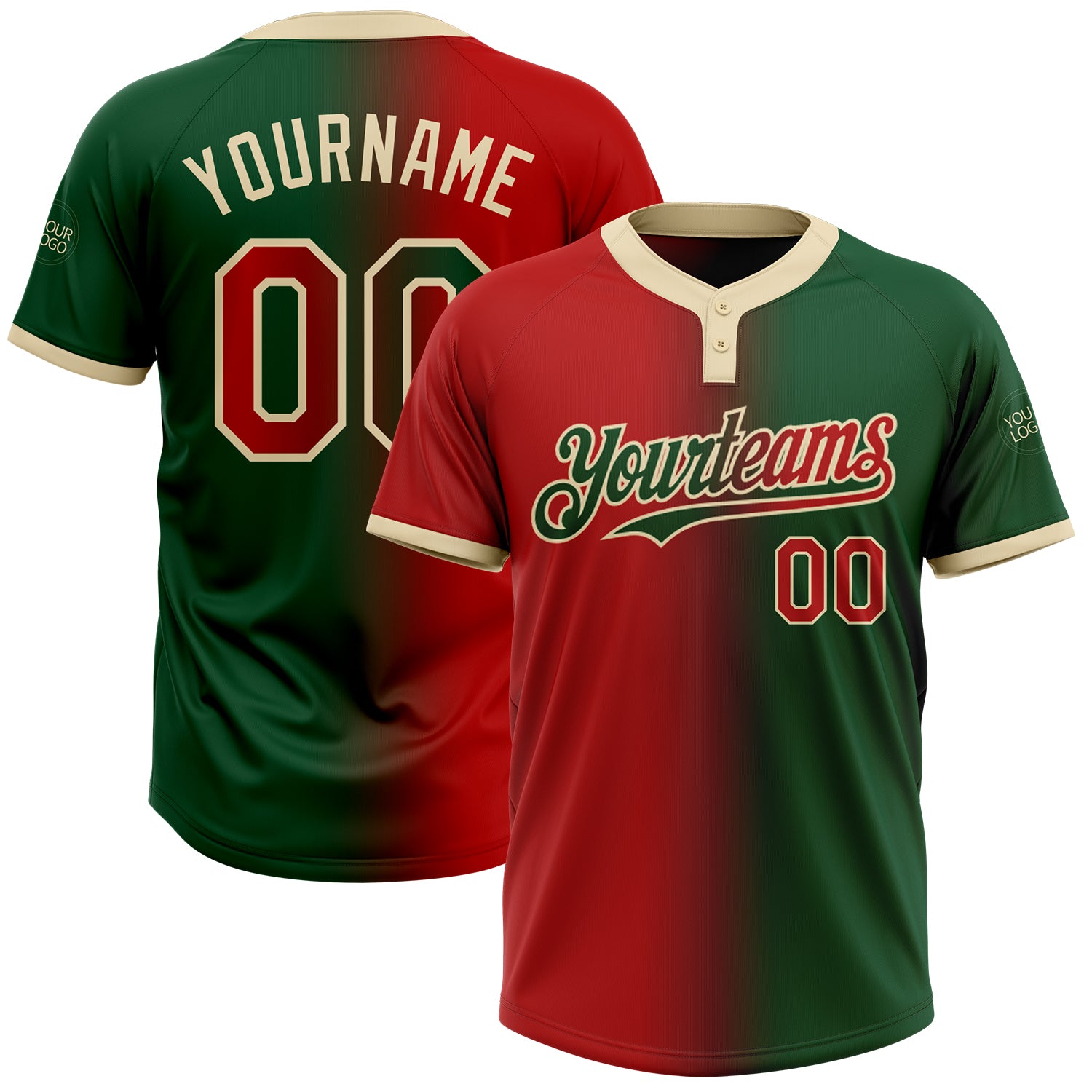 Custom Two-Button Unisex Softball Jersey with Personalized Name and Number - Green Red-Cream Gradient Fashion Design Personalized