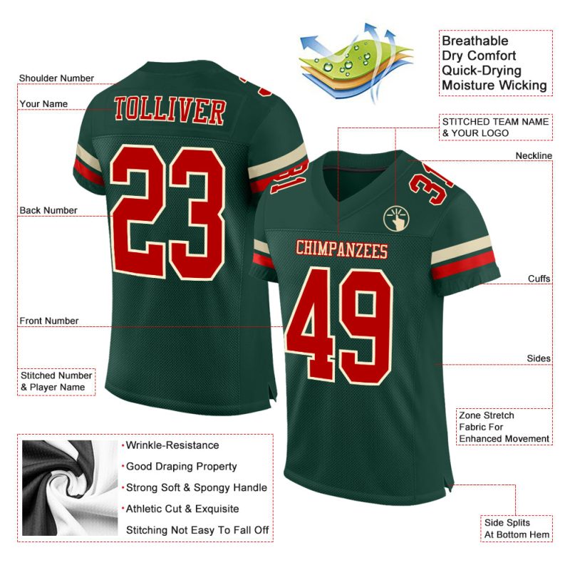 Customizable Football Jersey - Personalized Green Red Cream Mesh with Team Name and Number Personalized Green Red-Cream Mesh
