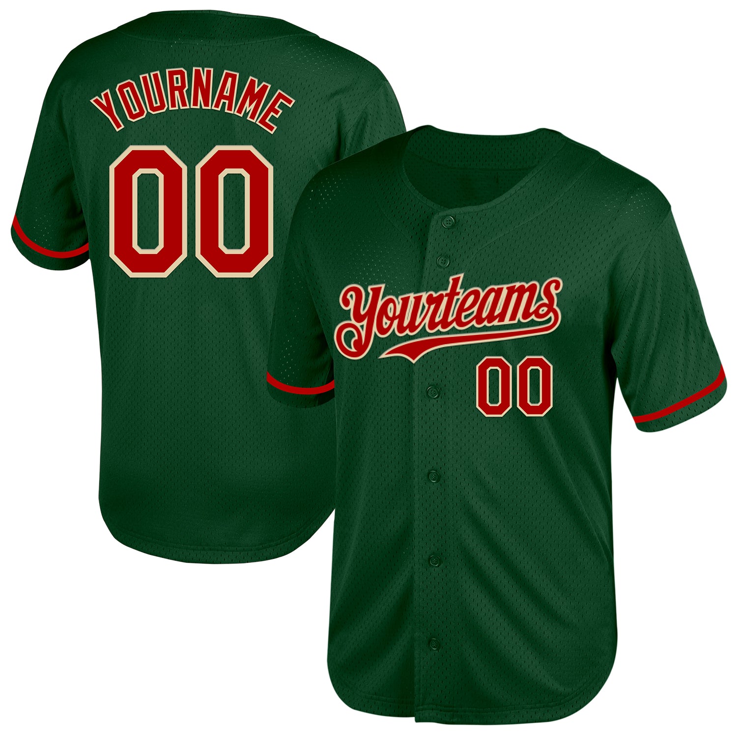 Custom Authentic Throwback Baseball Jersey - Personalized Green Red Cream Mesh with Team Name and Number Personalized Green