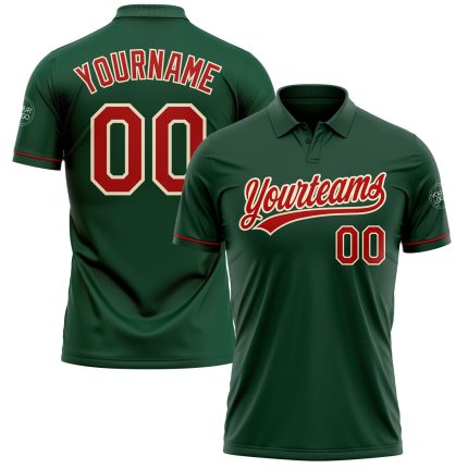 Custom Performance Vapor Golf Polo Shirt with Personalized Name & Number in Green Red-Cream Personalized Green Red-Cream