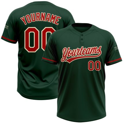Custom Name and Number Unisex Two-Button Softball Jersey in Green Red-Cream - Personalized Team Apparel Personalized Green