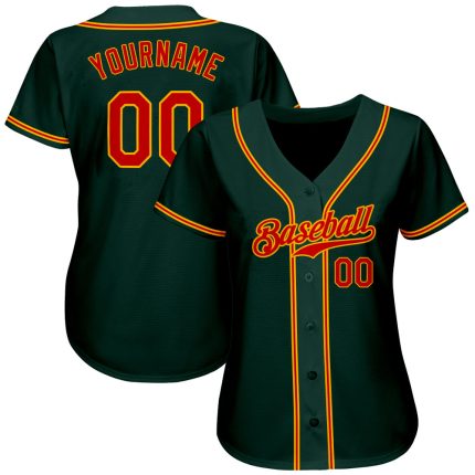 Personalized Authentic Baseball Jersey in Green Red-Gold Color Personalized Green Red-Gold Authentic Baseball Jersey