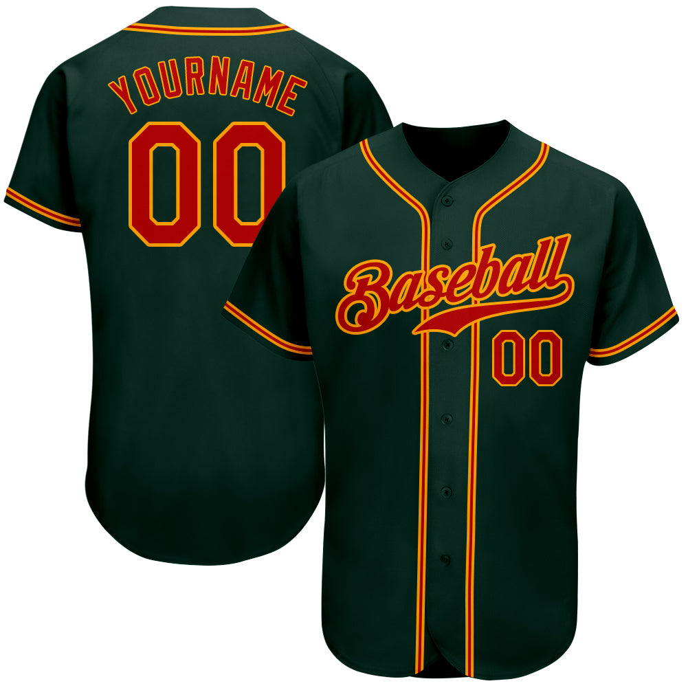 Personalized Authentic Baseball Jersey in Green Red-Gold Color Personalized Green Red-Gold Authentic Baseball Jersey