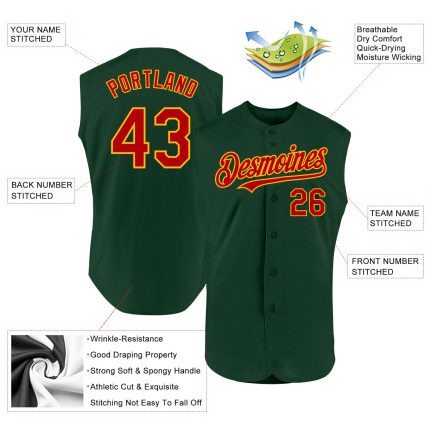 Personalized Authentic Green Red-Gold Sleeveless Baseball Jersey Personalized Green Red-Gold Authentic Sleeveless Baseball