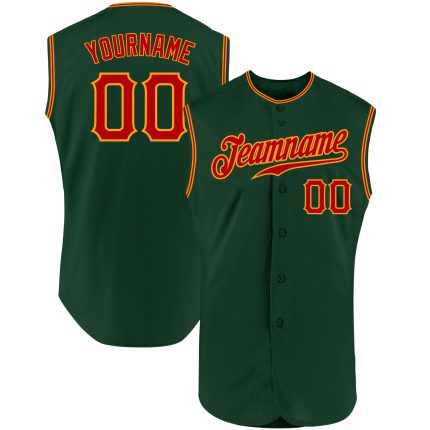 Custom Personalized Authentic Sleeveless Baseball Jersey with Green, Red, and Gold Design - Your Name and Number Personalized