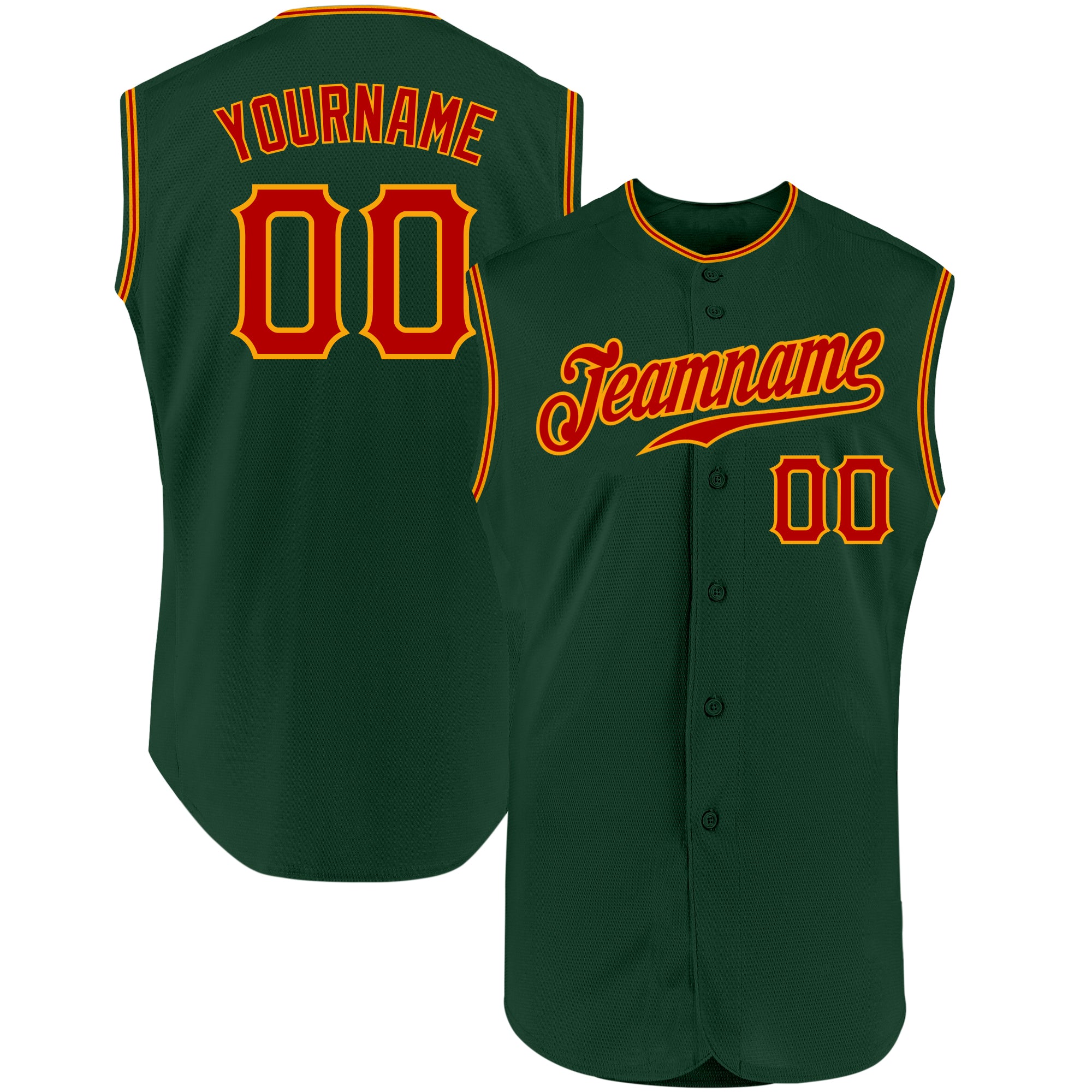Custom Personalized Authentic Sleeveless Baseball Jersey with Green, Red, and Gold Design - Your Name and Number Personalized