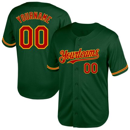 Custom Team Baseball Jersey Personalized Green Red-Gold Mesh Authentic with Name and Number - Throwback Style Personalized