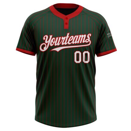 Custom Name & Number Unisex Softball Jersey - Personalized Green Red Pinstripe Two-Button Design, White Base Personalized