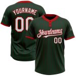 Custom Name & Number Unisex Softball Jersey - Personalized Green Red Pinstripe Two-Button Design, White Base Personalized