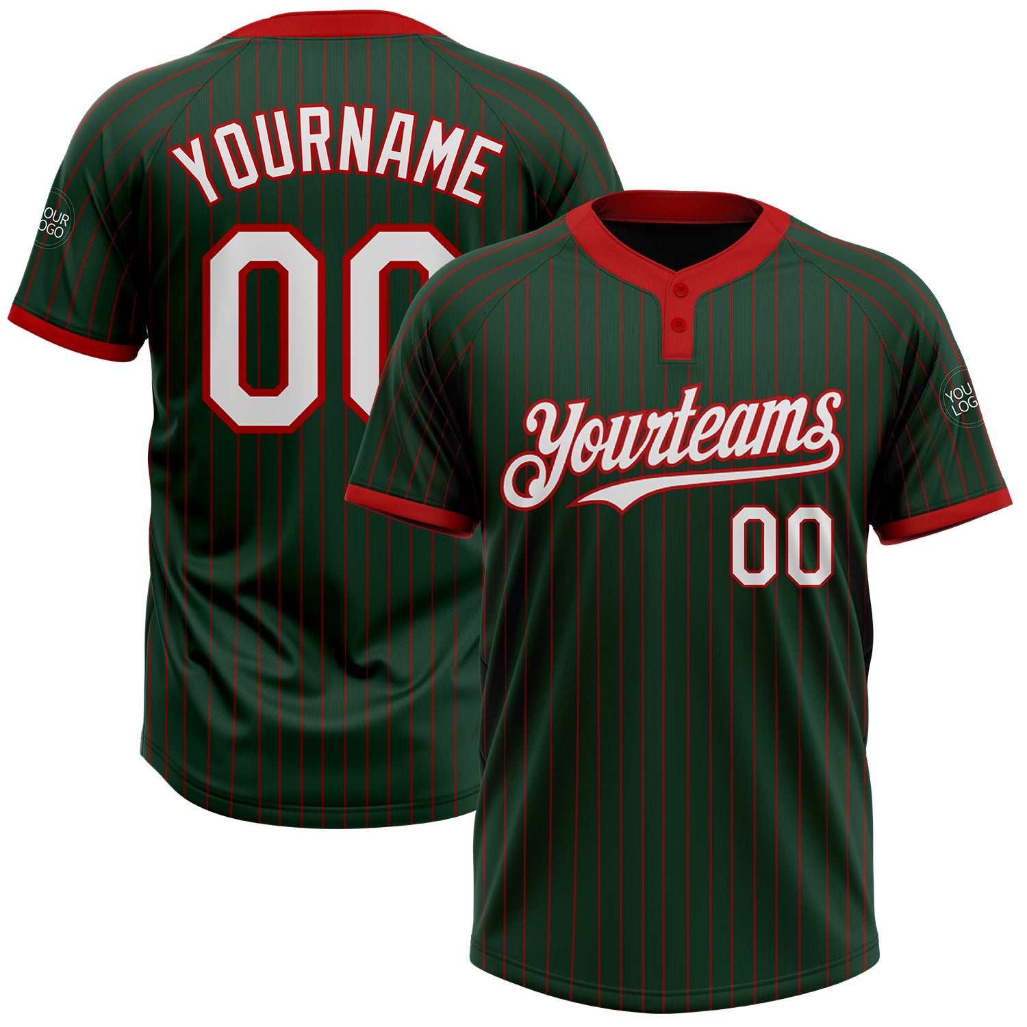 Custom Name & Number Unisex Softball Jersey - Personalized Green Red Pinstripe Two-Button Design, White Base Personalized