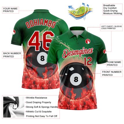 Personalized 3D Flame Design Billiards 8 Ball Polo Shirt - Green Red-White Performance Shirt Personalized Green Red-White