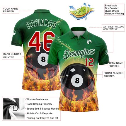 Personalized Billiards 8 Ball Polo Shirt with Custom Name & Number, Green Red-White 3D Pattern Design for Team Performance