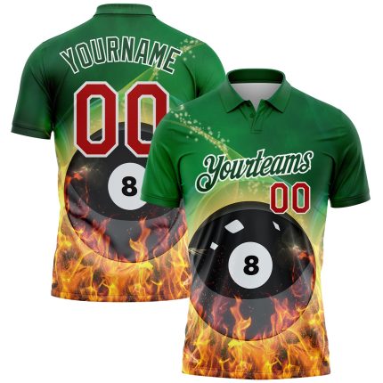 Personalized Billiards 8 Ball Polo Shirt with Custom Name & Number, Green Red-White 3D Pattern Design for Team Performance