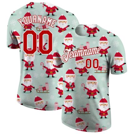 Custom Name Number Christmas 3D Performance T-Shirt - Personalized Green and Red-White Holiday Tee Personalized Green Red-White