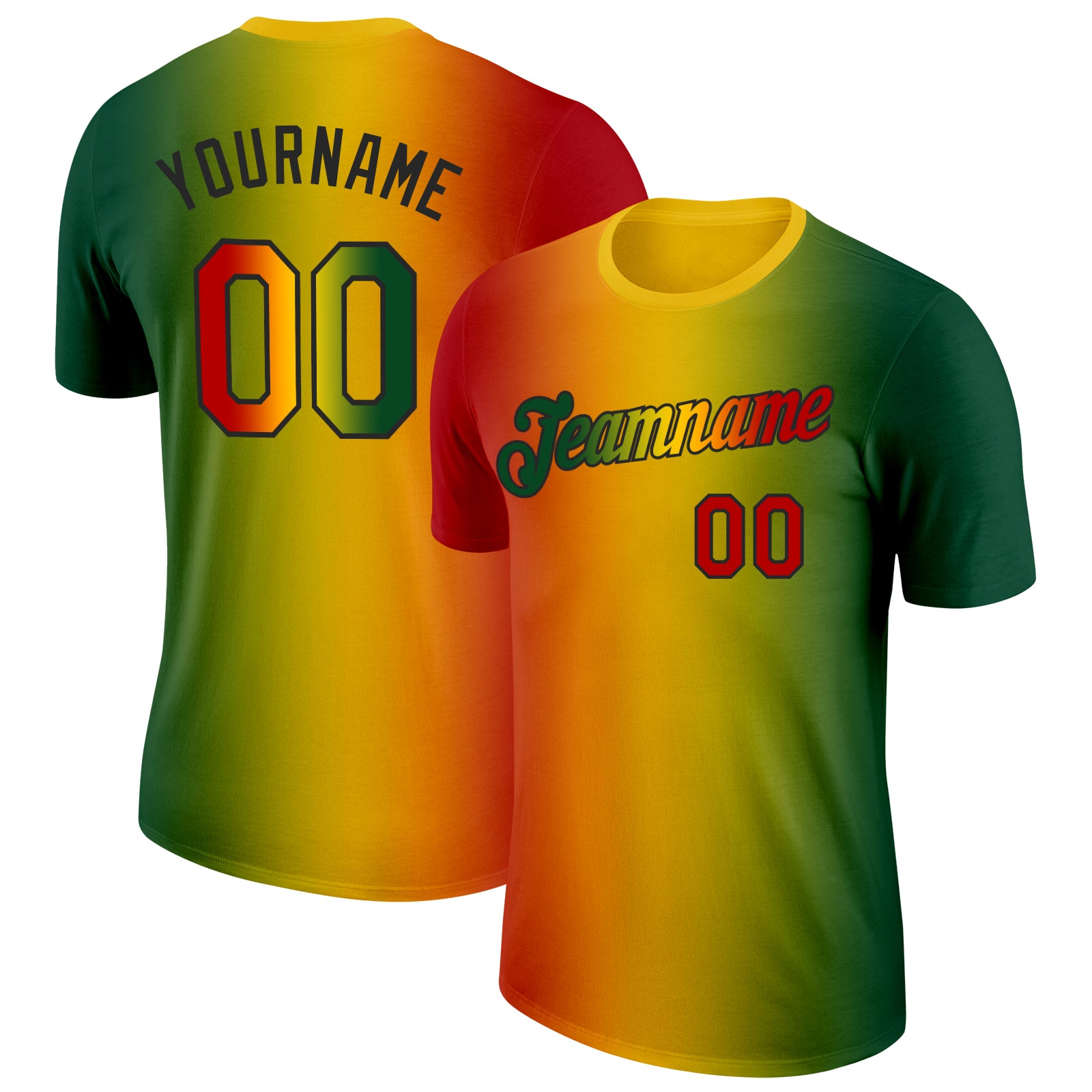 Custom Gradient 3D Pattern T-Shirt for Black History Month - Personalized Team Name and Number in Green, Red, Yellow, Black
