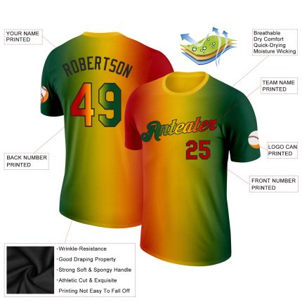 Custom Gradient 3D Pattern T-Shirt for Black History Month - Personalized Team Name and Number in Green, Red, Yellow, Black