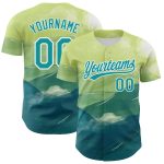 Custom Baseball Jersey with Personalized Name and Number, 3D Pattern Design Watercolor Mountains in Green, Teal, and White